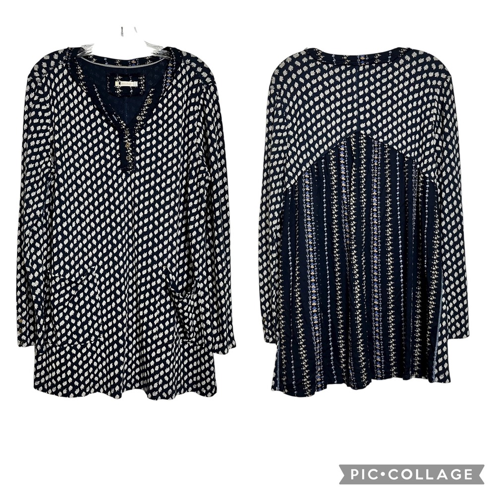 White Stuff Navy Print Long Sleeve V Neck Button Pocket Tunic Dress Top Boho‎